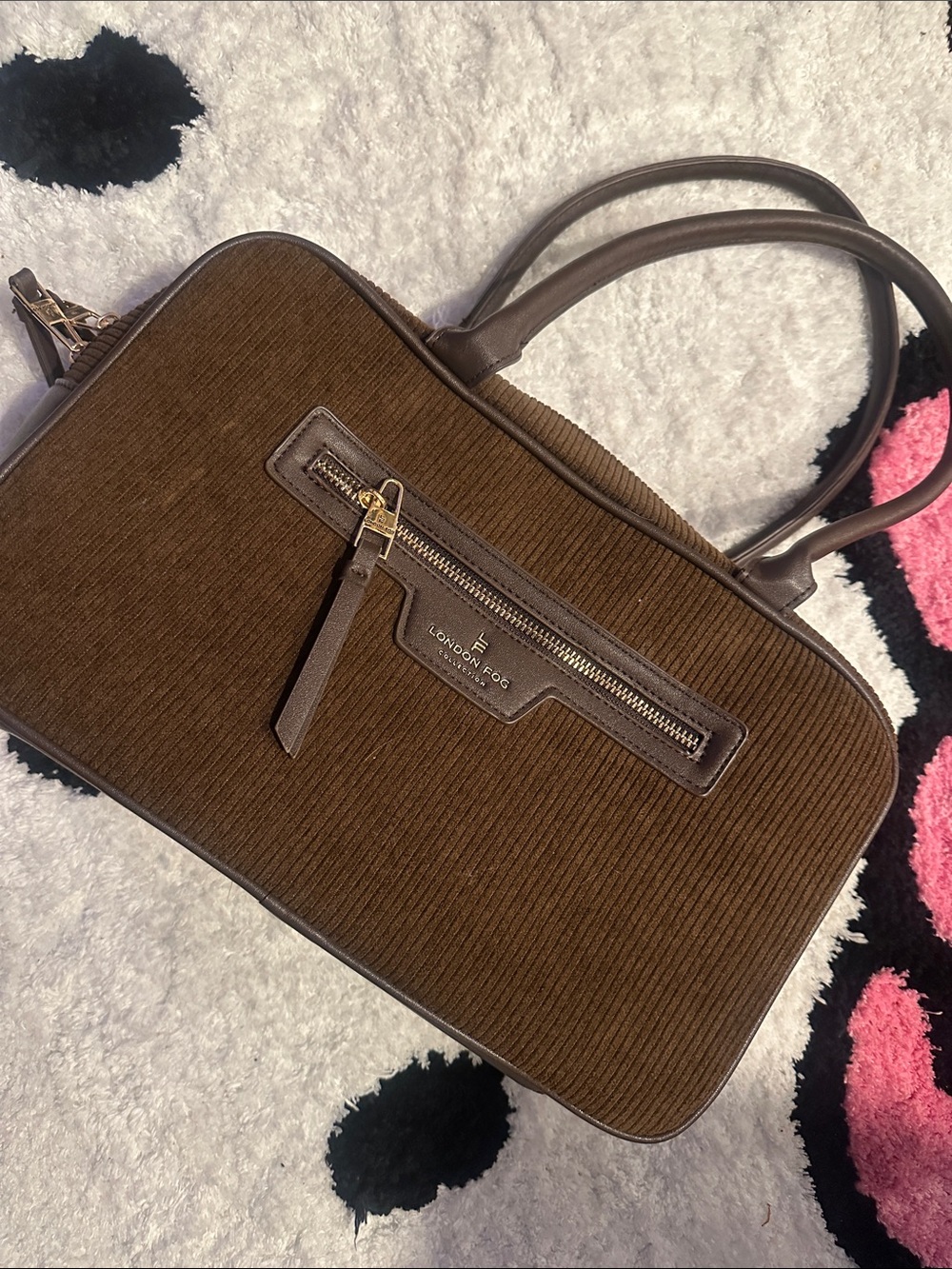 London Fog Brown Corduroy Top-Handle Satchel Bag